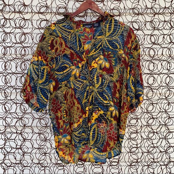 Vintage 90s Pioko abstract dark floral button down blouse LG - Picture 1 of 6